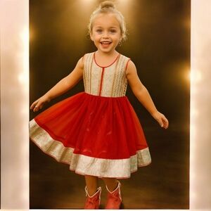 Girls Red & Gold Ethnic Party Dress Size 18 Embroidered Bodice Tulle Skirt Metal